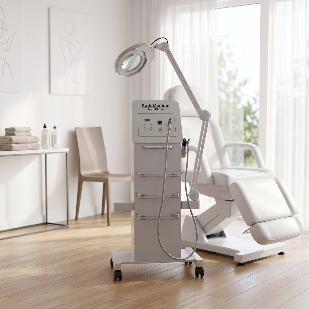 Pedicuremotor Nattechniek PodoMonium Aquaplanet op Zuil met Loupelamp