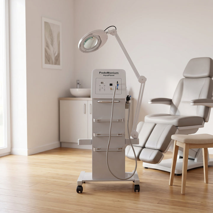 Pedicuremotor Nattechniek PodoMonium Aquaplanet op Zuil met Loupelamp